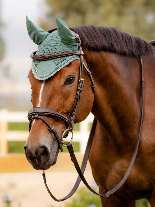 LeMieux Classic Fly Hood - Green Fly Mask for Horses: Crochet Design, Ear Protection, Stylish Equestrian Gear Close-up