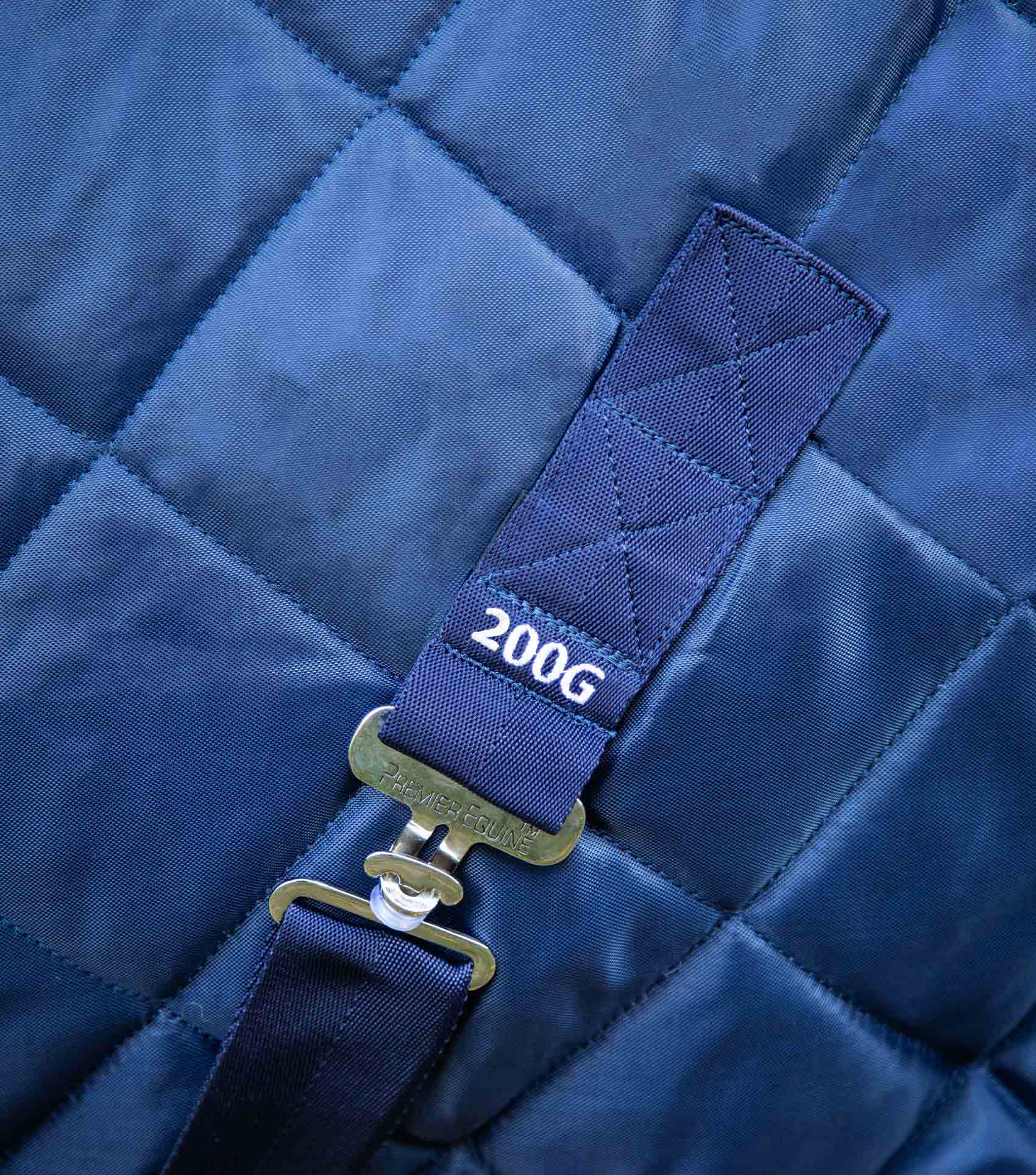 Premier Equine Tuscan Stable Rug 200g Navy - Quilted Horse Blanket with 200g weight indicator and Premier Equine buckle.
