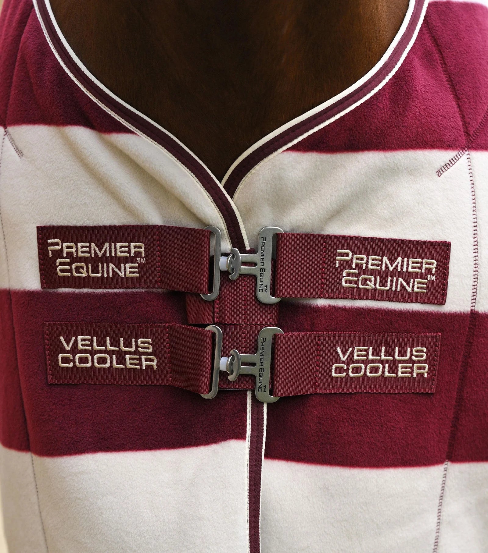 Premier Equine Vellus Burgundy & White Horse Fleece Cooler Rug - Close Up