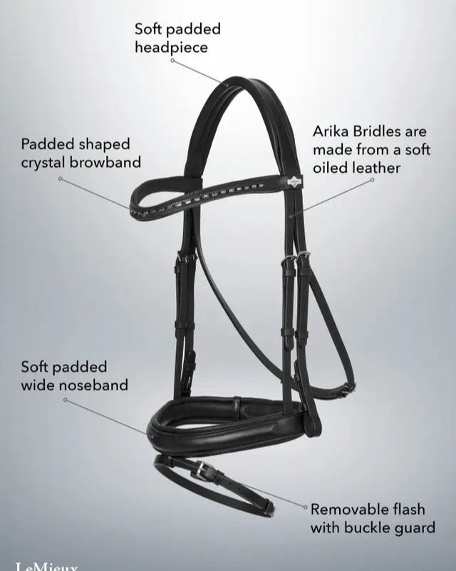 Black Oiled Leather Horse Dressage Bridle with Padded Headpiece, Crystal Browband, and Wide Noseband