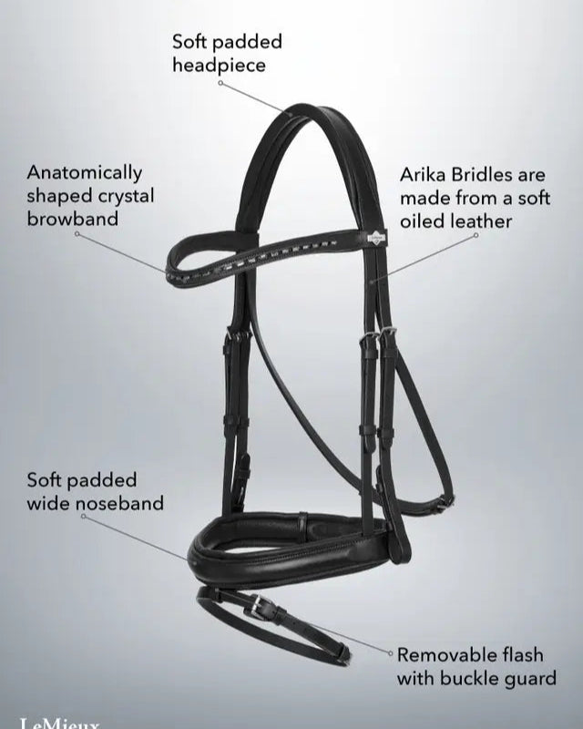 LeMieux Arika Dressage Bridle: Soft Padded Leather Horse Bridle with Crystal Browband, Noseband, and Flash. Black/Silver Fittings