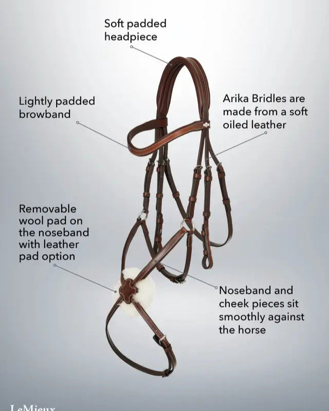 Lemieux Arika Grackle Horse Bridle: Brown Leather, Padded Headpiece & Browband, Removable Wool Nose Pad, Silver Fittings