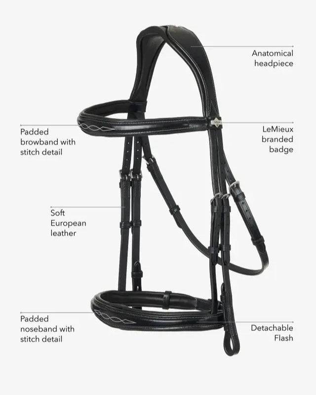 LeMieux Kudos Competition Black Bridle - Anatomical Headpiece, Detachable Flash, Padded Noseband, Show Quality Horse Bridle