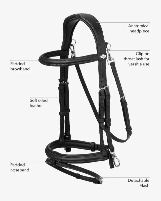 LeMieux Kudos Black Leather Horse Bridle: Anatomical Headpiece, Padded Browband & Noseband, Detachable Flash