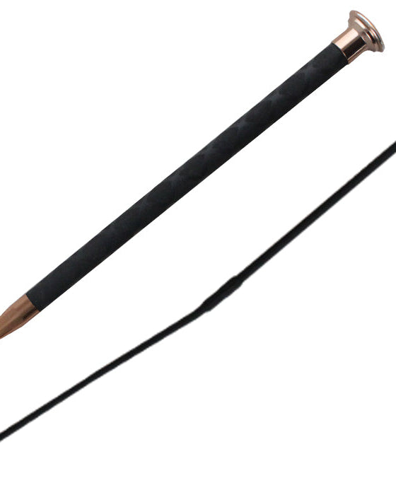Woof Wear Harmony Dressage Whip - Black/Rose Gold. Balanced fibreglass shaft, non-slip rubber grip, metal end cap, 10cm flick.