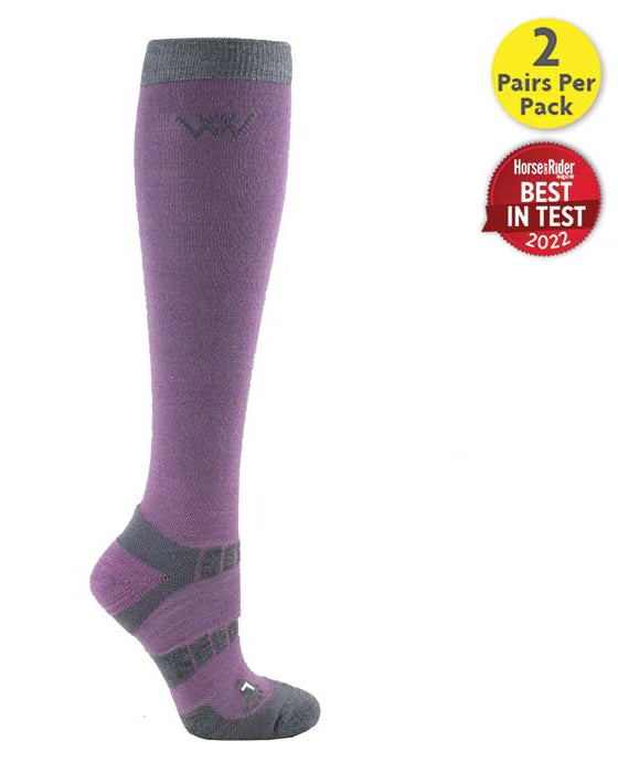 Woof Wear lilac & grey long bamboo riding socks, knee-high equestrian socks, "Best in Test 2022" for horse riding. 2 pairs per pack