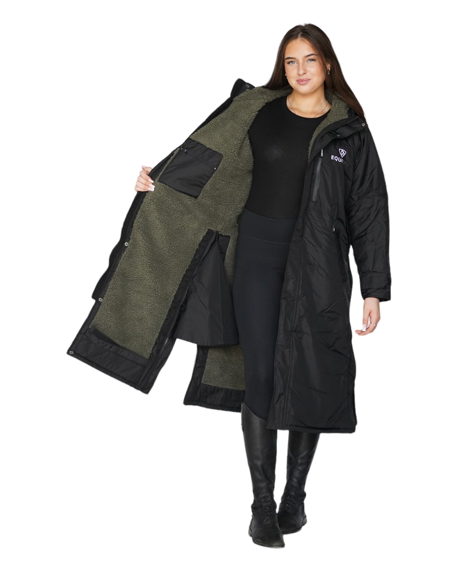 EQUIDRY Evolution Women's Waterproof Horse Riding Long Coat - Black with Olive Fleece Lining | Equestrian Outerwear