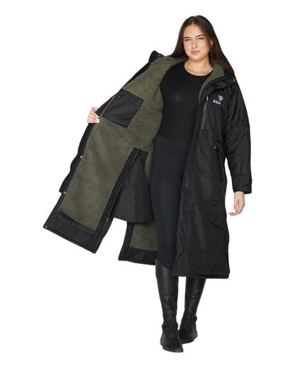 EQUIDRY Evolution Women's Waterproof Horse Riding Long Coat - Black with Olive Fleece Lining | Equestrian Outerwear