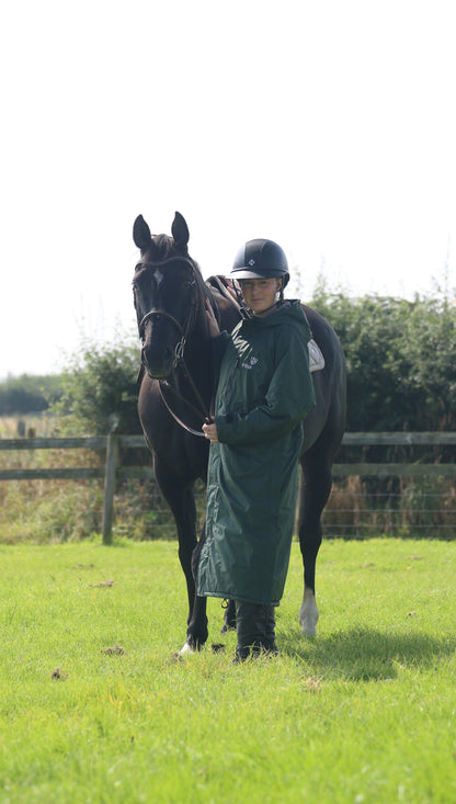 EQUIDRY women's thin fleece long waterproof horse riding coat in black forest green with horse