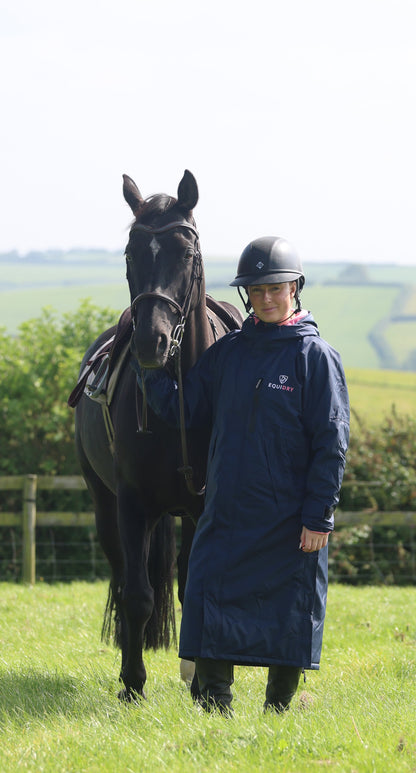 EQUIDRY women's thin fleece long waterproof horse riding coat in navy/penelope pink with horse