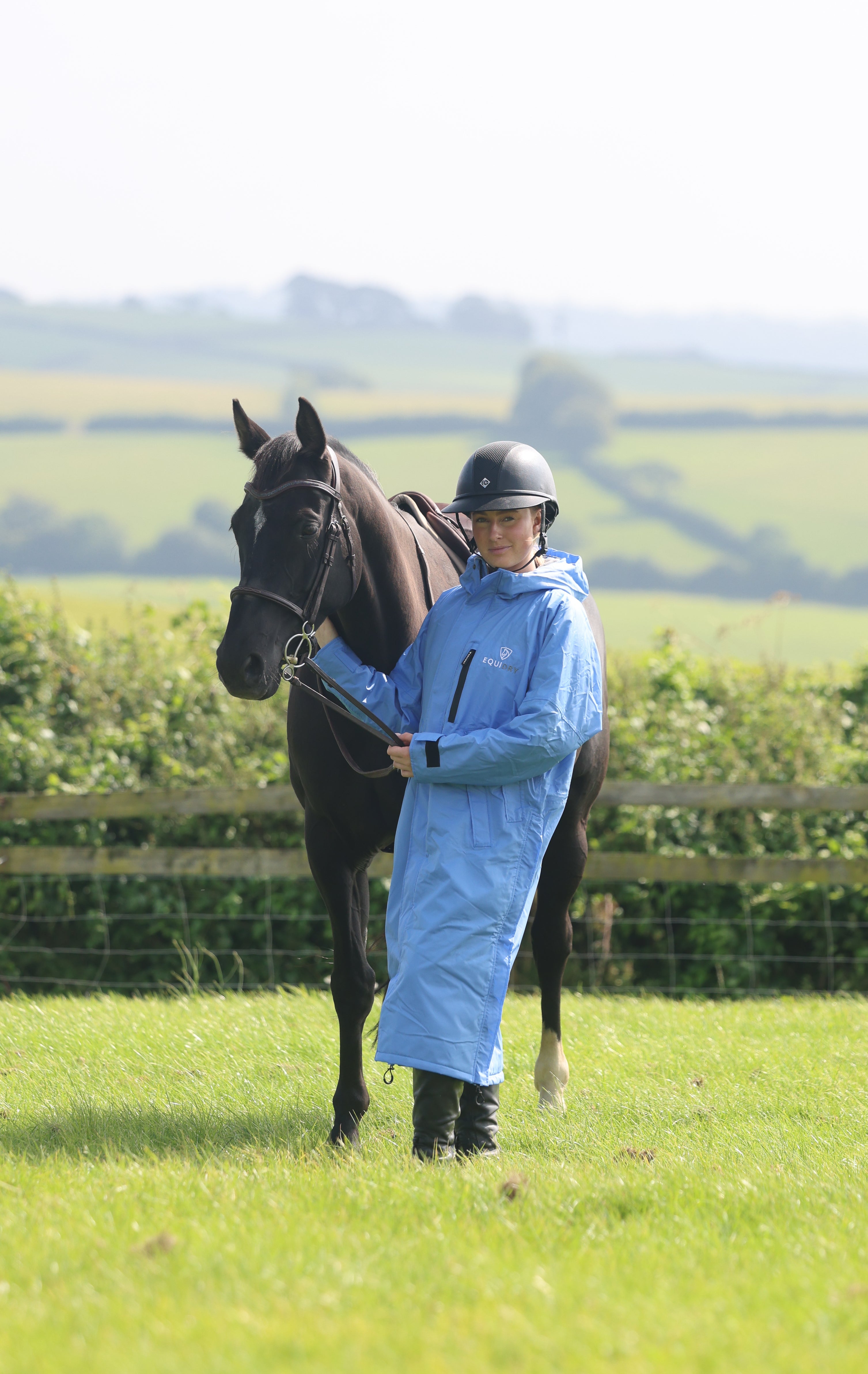 Equidry Women's Sky Blue Horse Riding Rain Coat with Horse | Equiflair