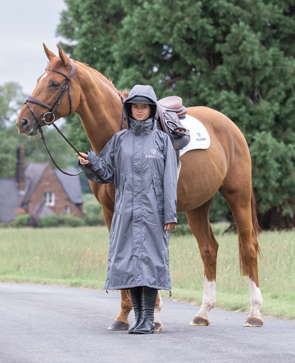 Equidry Evolution Grey Raincoat for Horse Riding Women. Waterproof coat with horse.