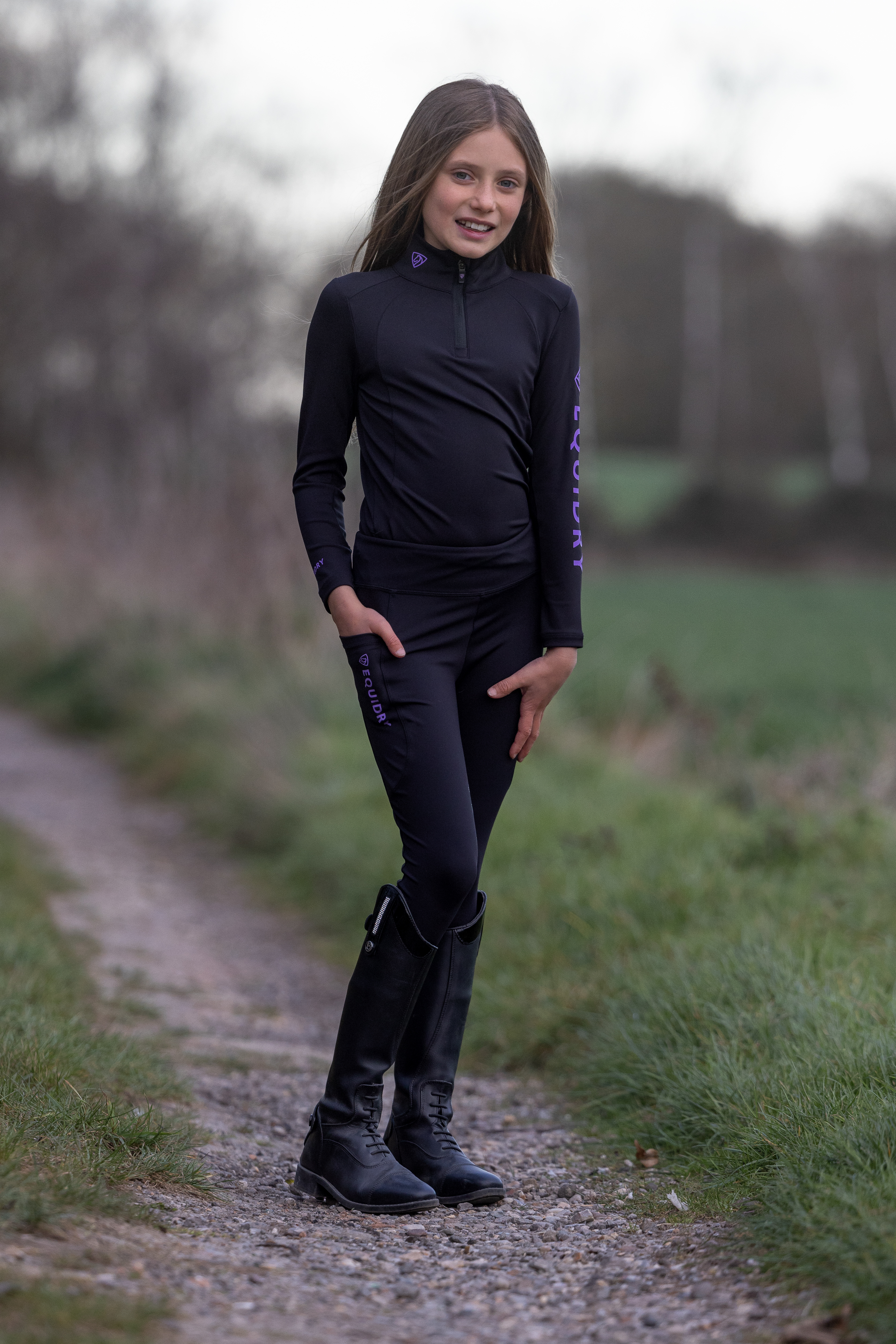 EQUIDRY Water Repellent Leggings Full Seat Children's Black/Lilac