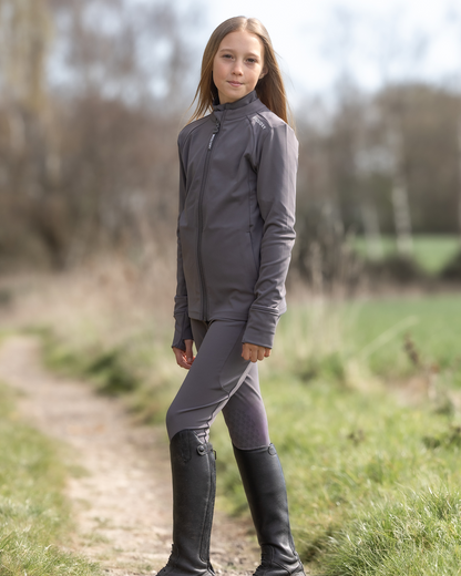 Equidry children's grey water repellent zip-up top from Equiflair, perfect for riding. Kids equestrian clothing.