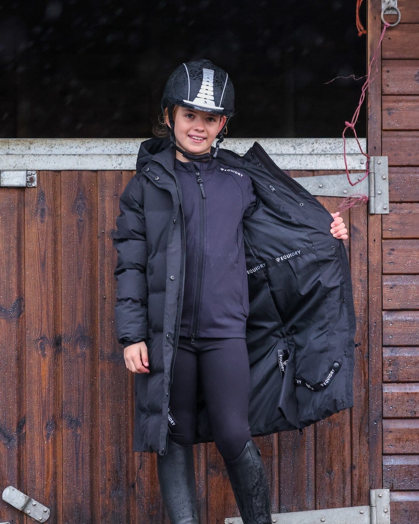 Equidry Thora: Girl in Black Waterproof Riding Puffer Coat - Equiflair