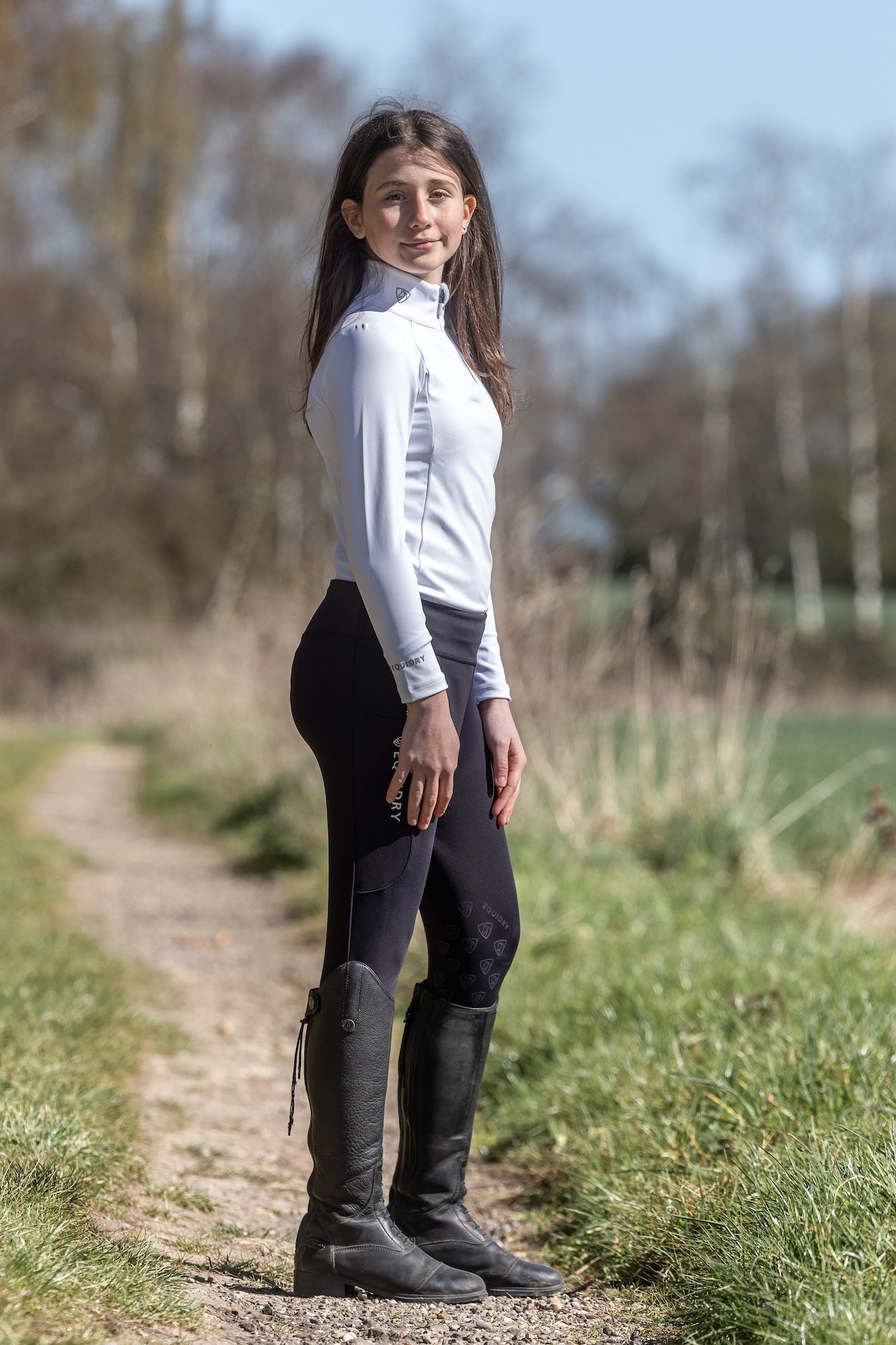 Equidry Children's Equestrian: White Base Layer, Black Leggings & Riding Boots. Young Rider Apparel.
