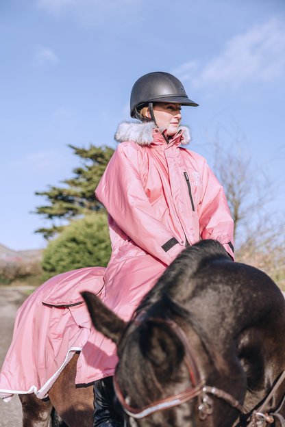 EQUIDRY Evolution Lux Women's Warm Waterproof Winter Horse Riding Coat Thick Fleece Lining with Faux Fur Trim Hood penelope pink rider on horse with exercise sheet 