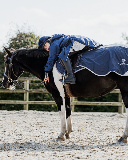 EQUIDRY waterproof horse riding raincoat thin fleece pro ride reflective in navy children's rider on horse with exercise sheet 
