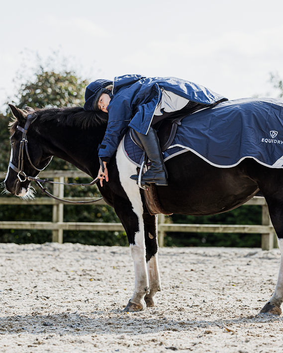 EQUIDRY waterproof horse riding raincoat thin fleece pro ride reflective in navy children's rider on horse with exercise sheet 