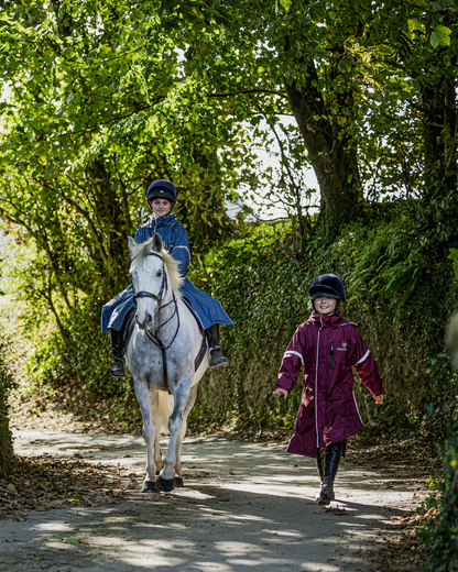Kids Horse Riding: Equidry Waterproof Raincoat, Girl on Horse, Child Walking Outdoors