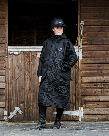Equidry Equestrian Riding Coat, Woman Wearing Waterproof Black Fleece Lined Equestrian Coat