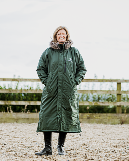 EQUIDRY Black Forest Green Waterproof Riding Coat for Women. Stylish, full-length equestrian coat with fleece lining and hood.