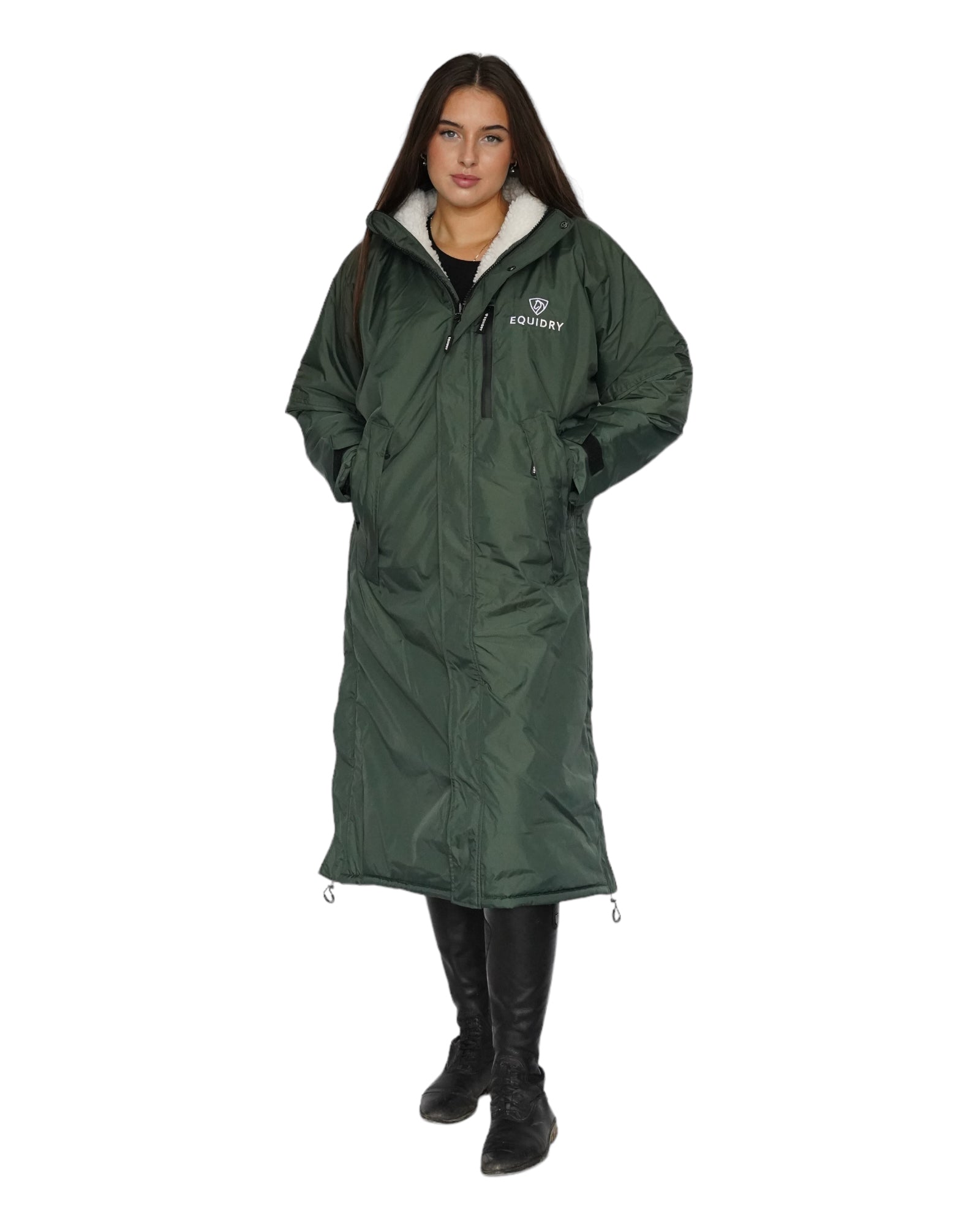 EQUIDRY Women's Waterproof Horse Riding Coat - Long, Fleece-Lined, Forest Green