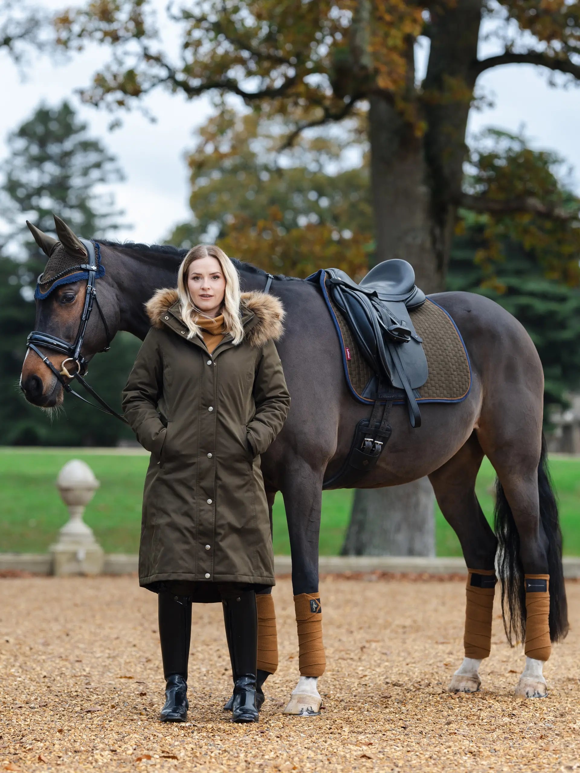 LEMIEUX Suede Dressage Square Alpine: Woman and Horse with Brown Saddle Pad