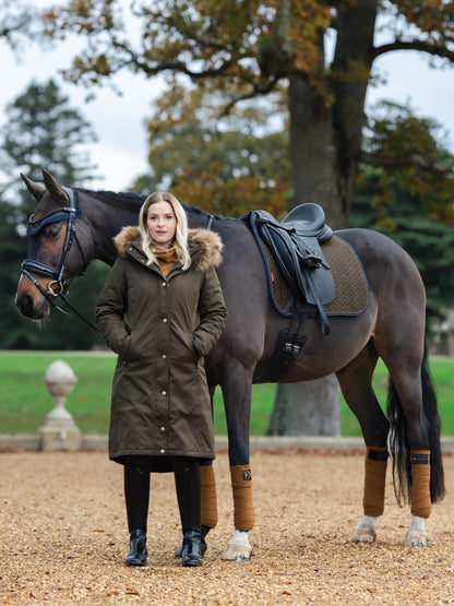 LEMIEUX Suede Dressage Square Alpine: Woman and Horse with Brown Saddle Pad