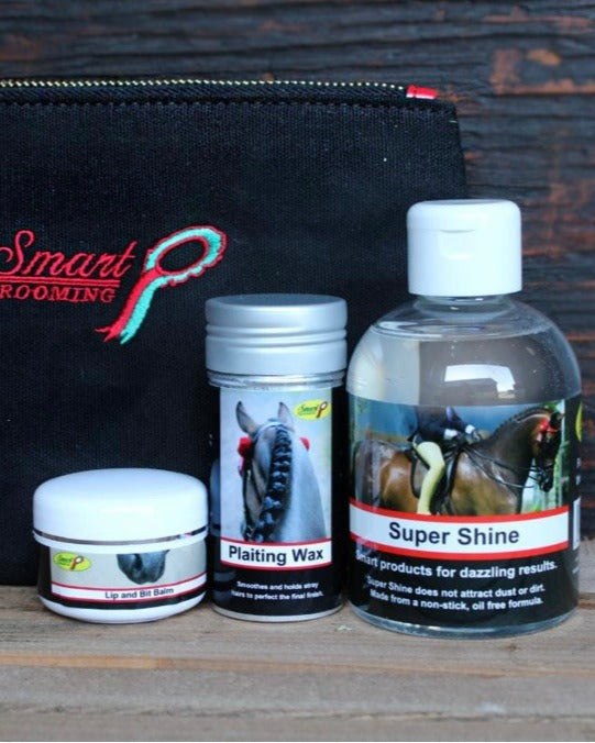 Smart Grooming Accessories Set: Horse grooming kit with Super Shine, Plaiting Wax, Lip Balm & Equiflair pouch. Show day essentials!