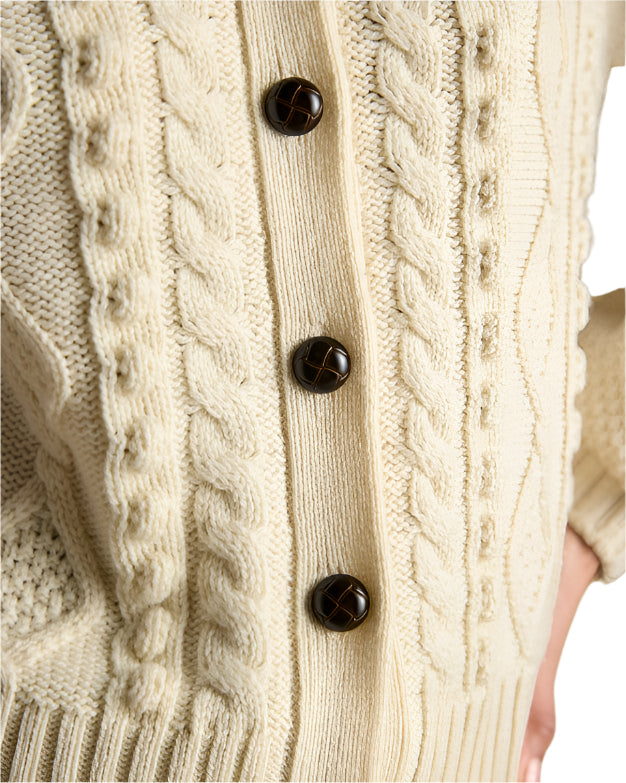 JOULES Rafferty Cream Cardigan: Cable Knit, Wool Blend, Button-Front Sweater