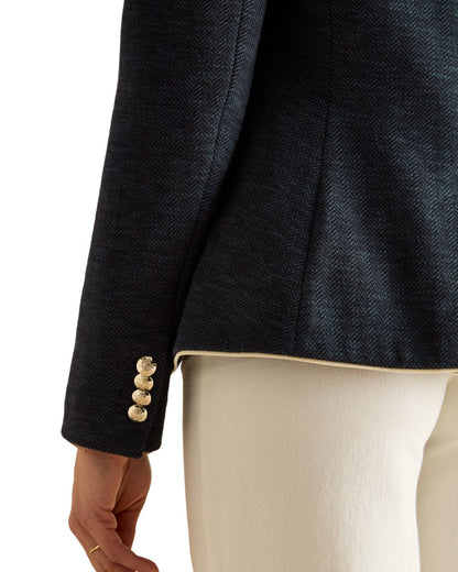 Joules Hartley Navy Herringbone Blazer | Shawl Collar, Gold Buttons, Women's Fashion