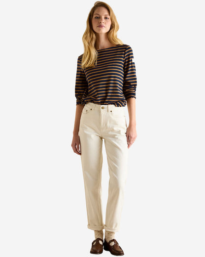 Joules Harbour Navy & Tan Boat Neck Long Sleeve Breton Stripe Top