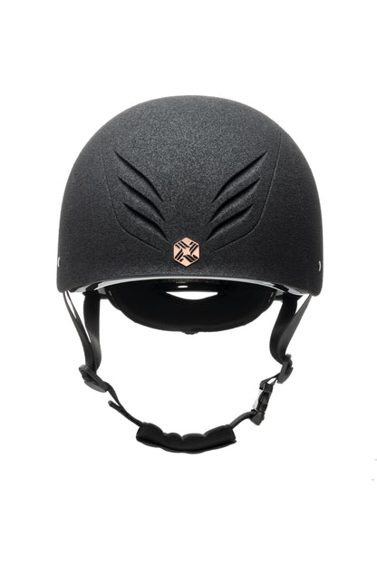 CHARLES OWEN EQX PHOENIX SKULL HAT - Black/Rose Gold riding helmet. Equestrian safety gear.