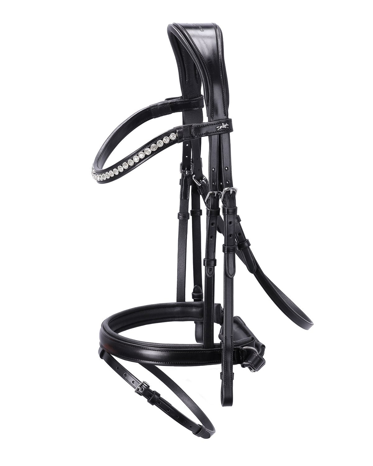 SCHOCKEMOHLE PALERMO Bridle: Black leather, silver crystal browband, anatomical headpiece. Horse equestrian equipment. -…
