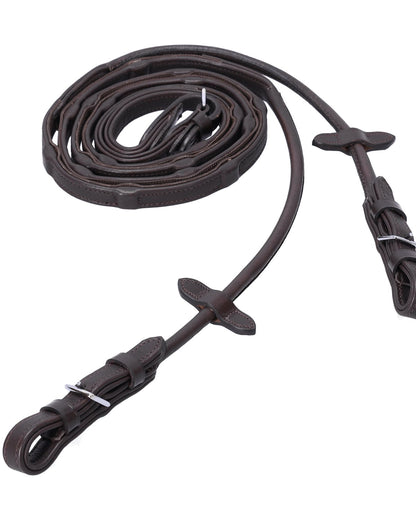 Schockemohle Durasoft Reins: Dark Brown Leather Rolled Grip Riding Reins with Silver Hardware - Equiflair Equestrian Supplies