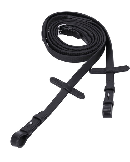 SCHOCKEMOHLE Rubber Reins - Soft Rubber Dots, Black & Silver - Flat Reins with Leather Ends and Bridle Hooks