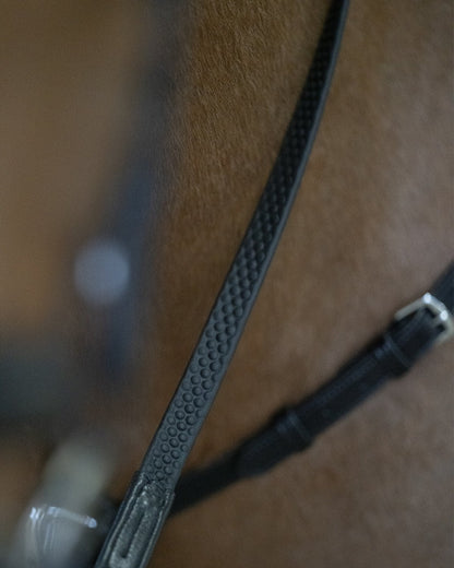 SCHOCKEMOHLE Rubber Reins - Soft Rubber Dots, Black & Silver. Horse riding equipment at Equiflair online store.