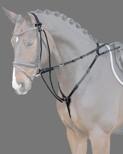 SCHOCKEMOHLE Cleveland Pro Training Aid: Black leather auxiliary reins on horse, silver fittings. Equestrian training equipment.