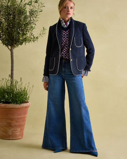 JOULES HARTLEY NAVY Blazer: Women's Shawl Collar Blazer with Wide Leg Jeans Outfit