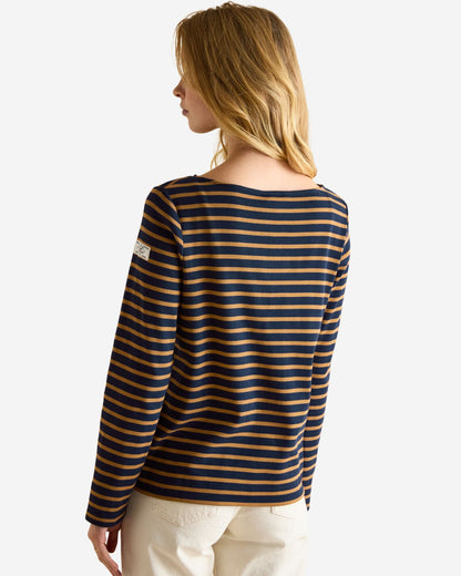 Joules Harbour Navy & Tan Boat Neck Long Sleeve Breton Stripe Top