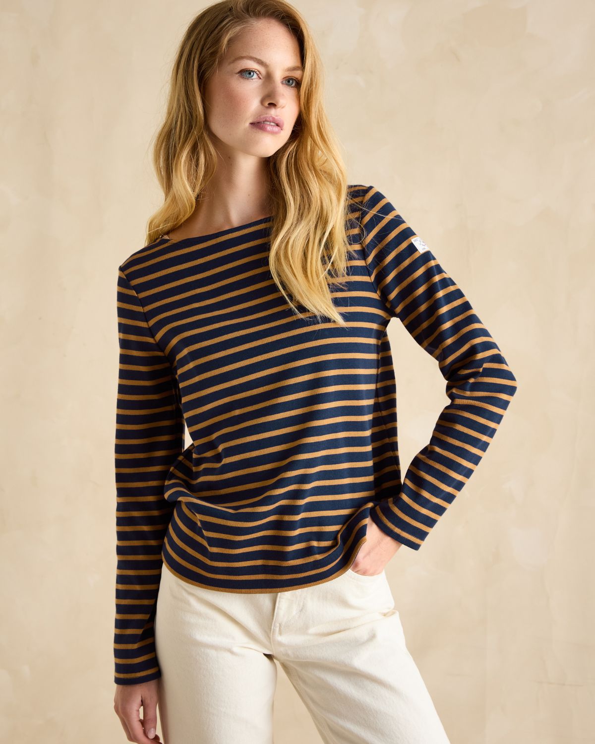 Joules Harbour Navy & Tan Boat Neck Long Sleeve Breton Stripe Top - T-Shirts, Polos & Tops Clothing Leisure Wear UK 8
