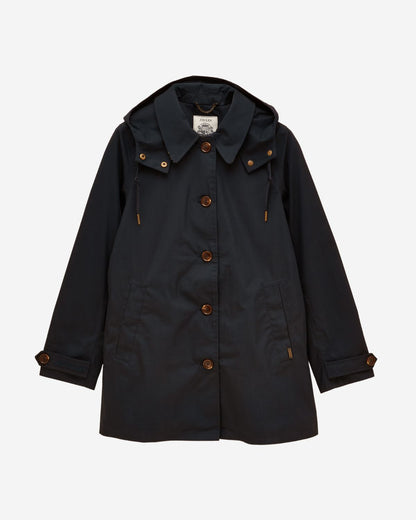 JOULES Rainmore Navy Waterproof Button Raincoat, Hooded Women's Jacket, Equiflair