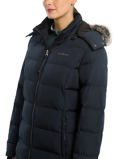 LeMieux Harper Longline Puffer Coat Navy: Women's Winter Jacket with Faux Fur Hood & DuPont Filling. Stay Warm in Style!