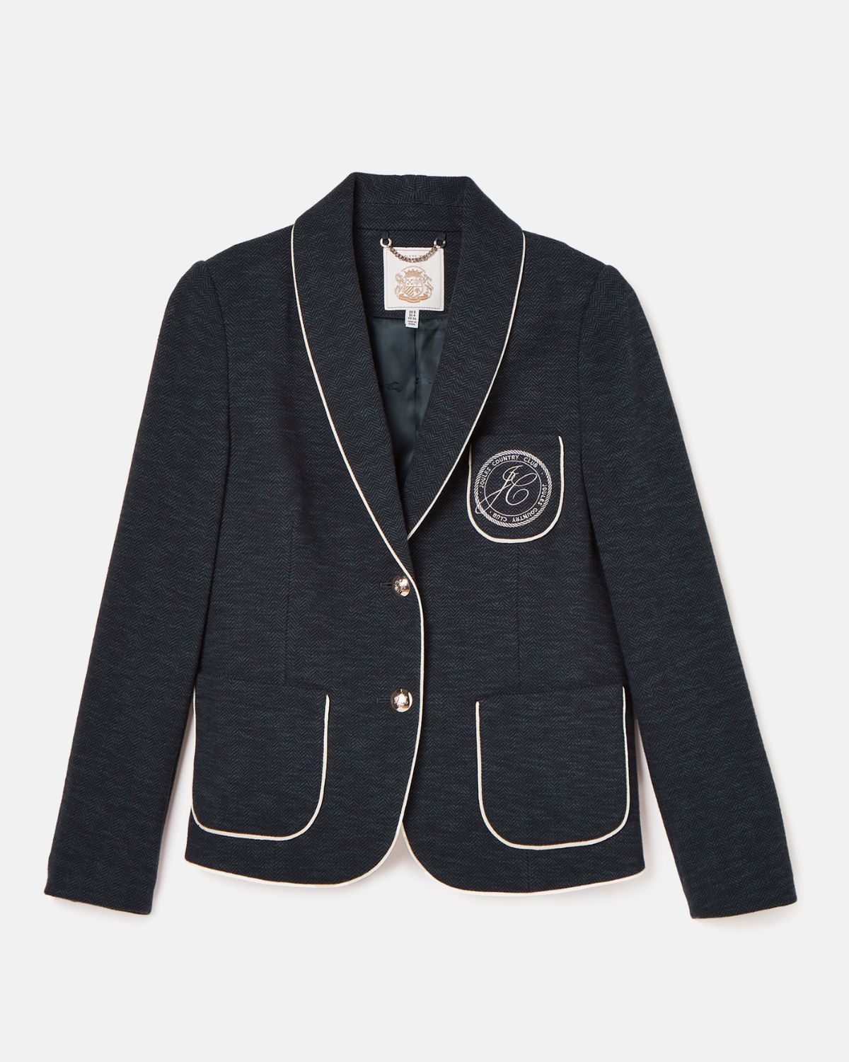 Joules Hartley Navy Blazer: Shawl Collar, Herringbone, Piped Trim - Equiflair