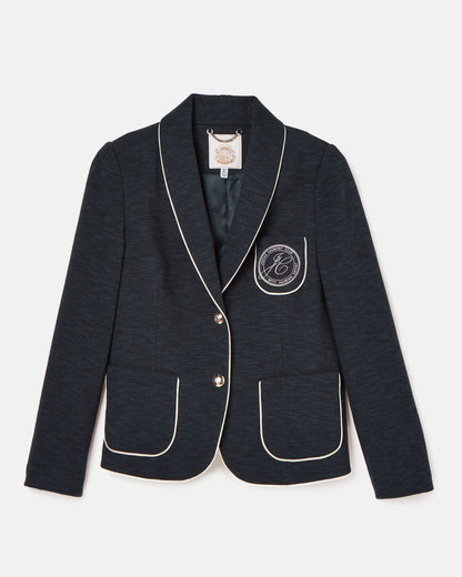 Joules Hartley Navy Blazer: Shawl Collar, Herringbone, Piped Trim - Equiflair