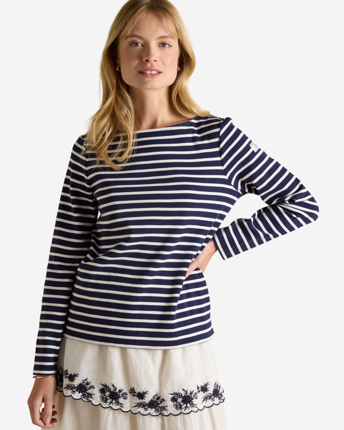 Joules Harbour Navy & White Boat Neck Long Sleeve Breton Stripe Top