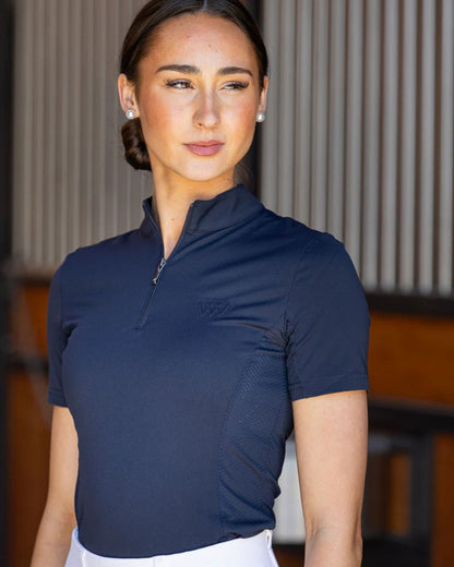 Woof Wear Navy Short Sleeve Tech Riding Shirt for Women. Equestrian Apparel by Equiflair.