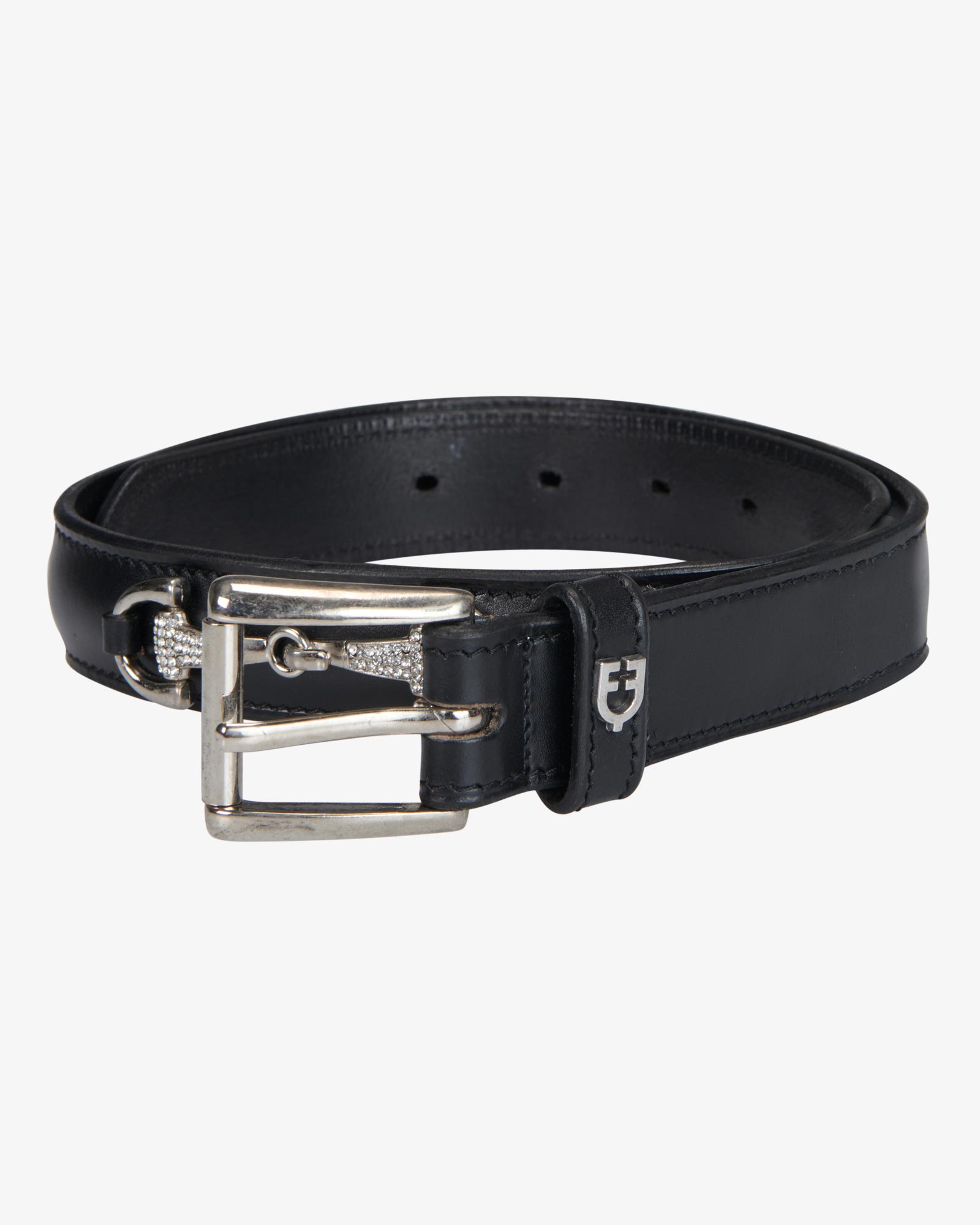 Equestro Leather Belt With Snaffle Bits And Rhinestones Black Silver - Riding Accessories 60 CM