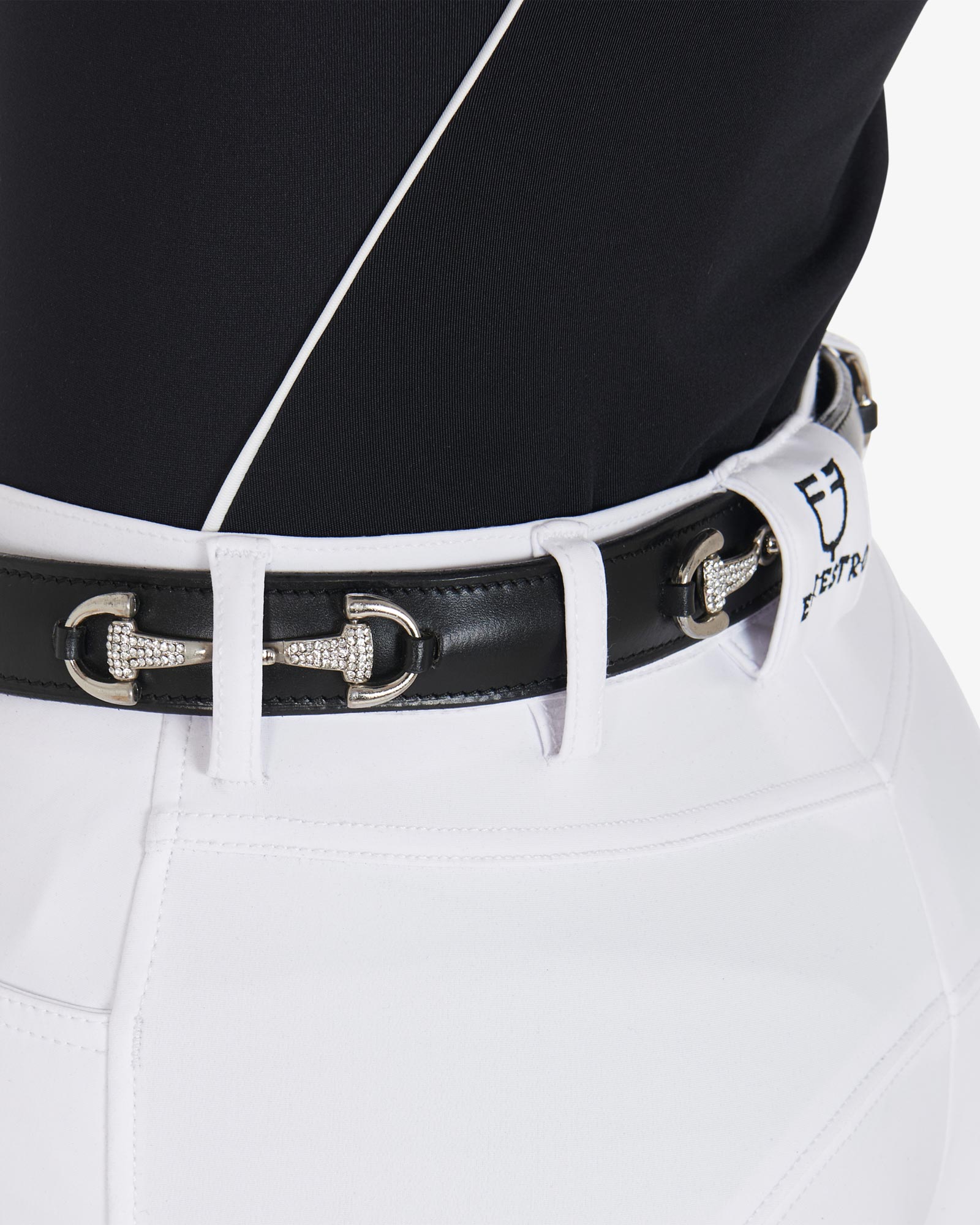 Equestro Leather Belt With Snaffle Bits And Rhinestones Black Silver | Equiflair